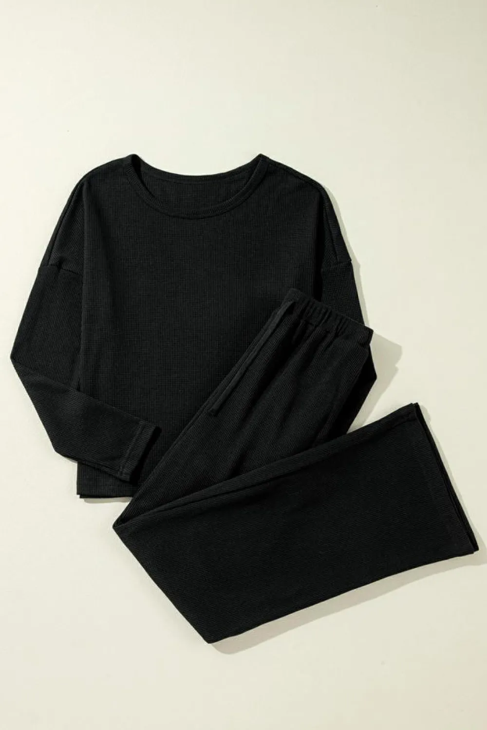 New Dear-Lover Textured Long Sleeve T Shirt and Pants Lounge Set Black