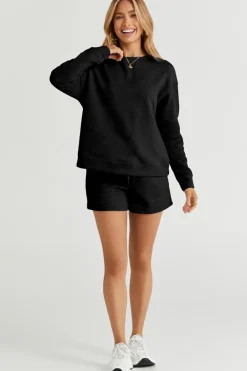 New Dear-Lover Textured Long Sleeve Top and Drawstring Shorts Set Black