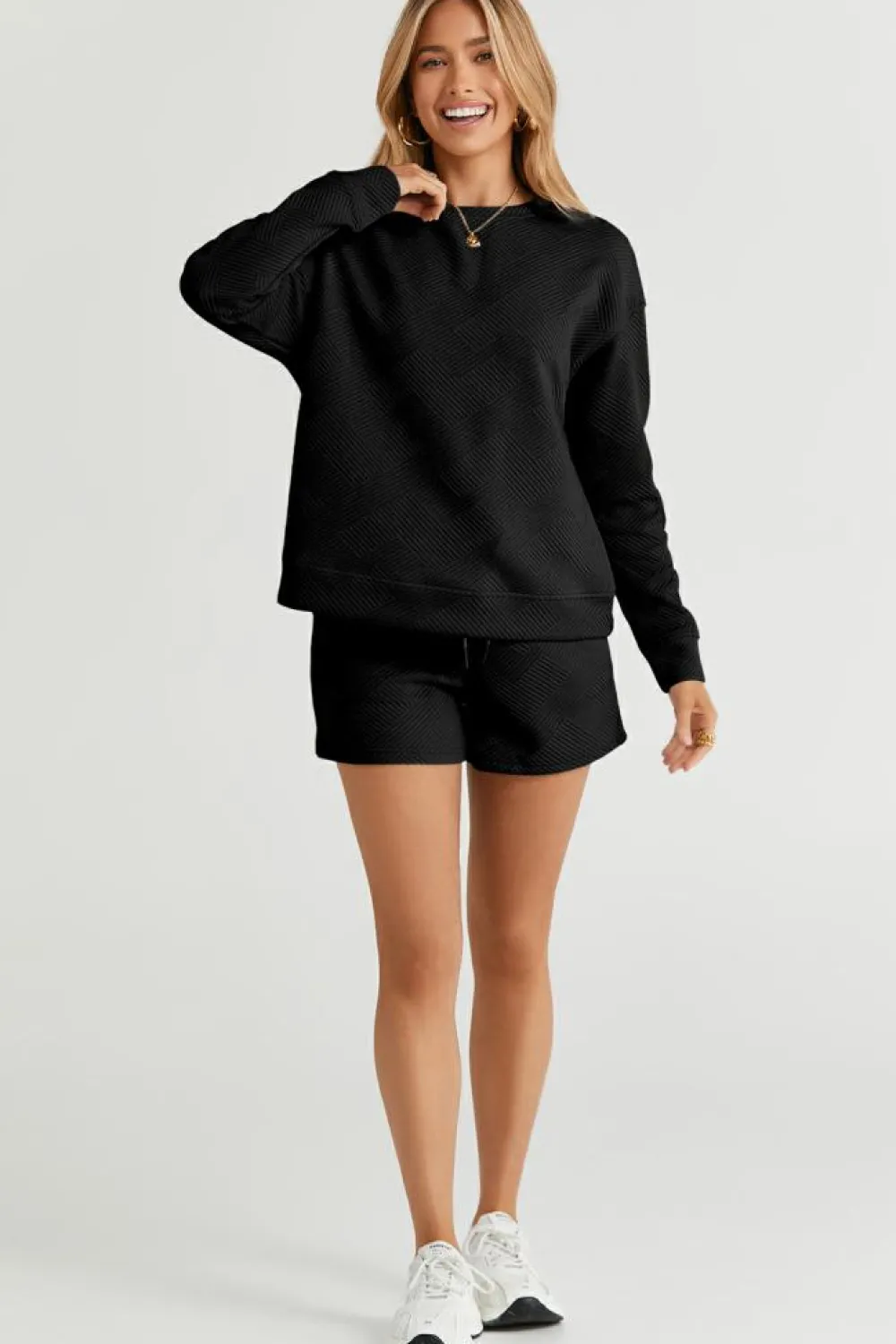 New Dear-Lover Textured Long Sleeve Top and Drawstring Shorts Set Black