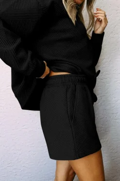 New Dear-Lover Textured Long Sleeve Top and Drawstring Shorts Set Black