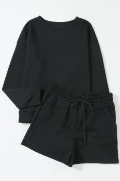 New Dear-Lover Textured Long Sleeve Top and Drawstring Shorts Set Black