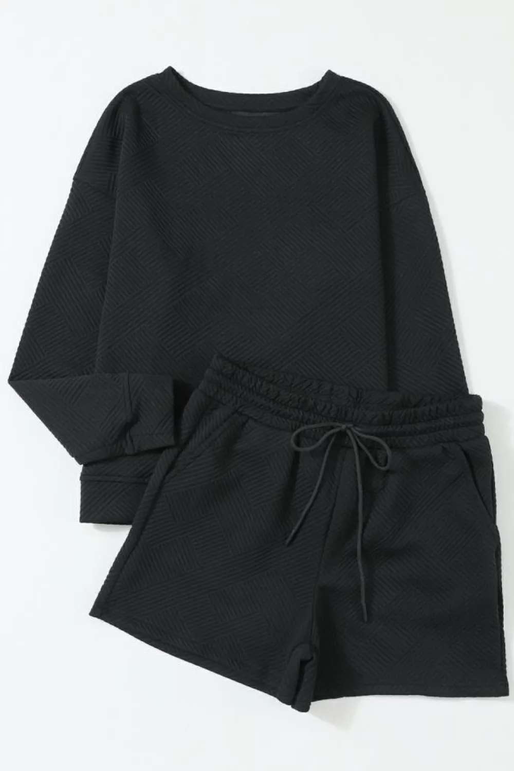 New Dear-Lover Textured Long Sleeve Top and Drawstring Shorts Set Black