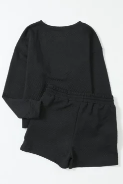 New Dear-Lover Textured Long Sleeve Top and Drawstring Shorts Set Black