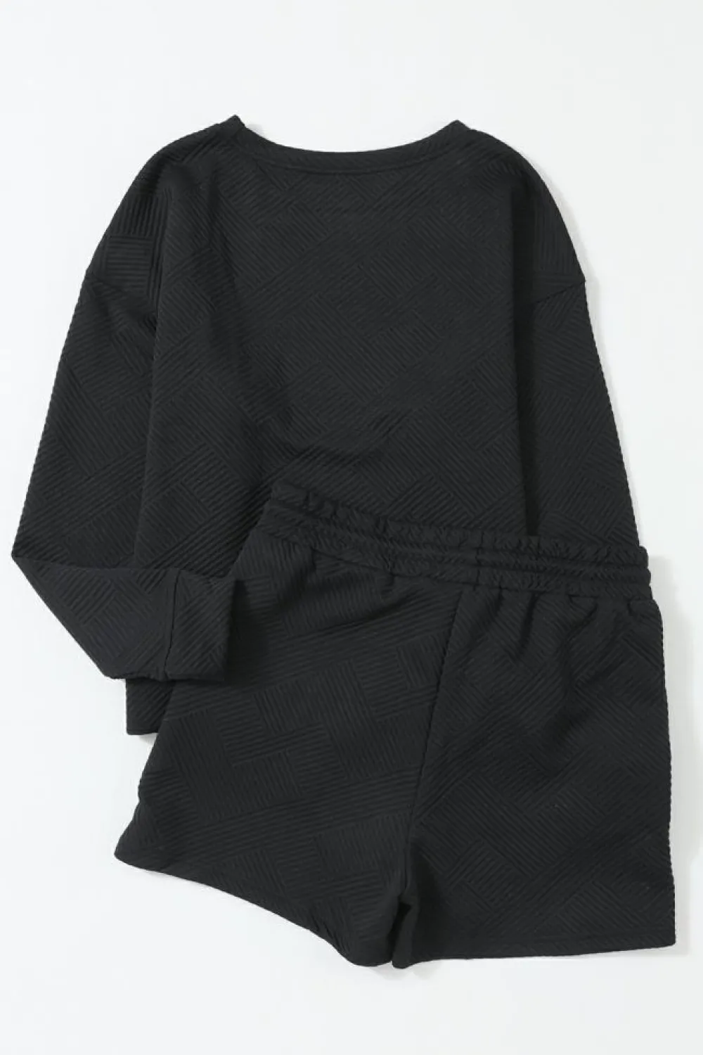New Dear-Lover Textured Long Sleeve Top and Drawstring Shorts Set Black
