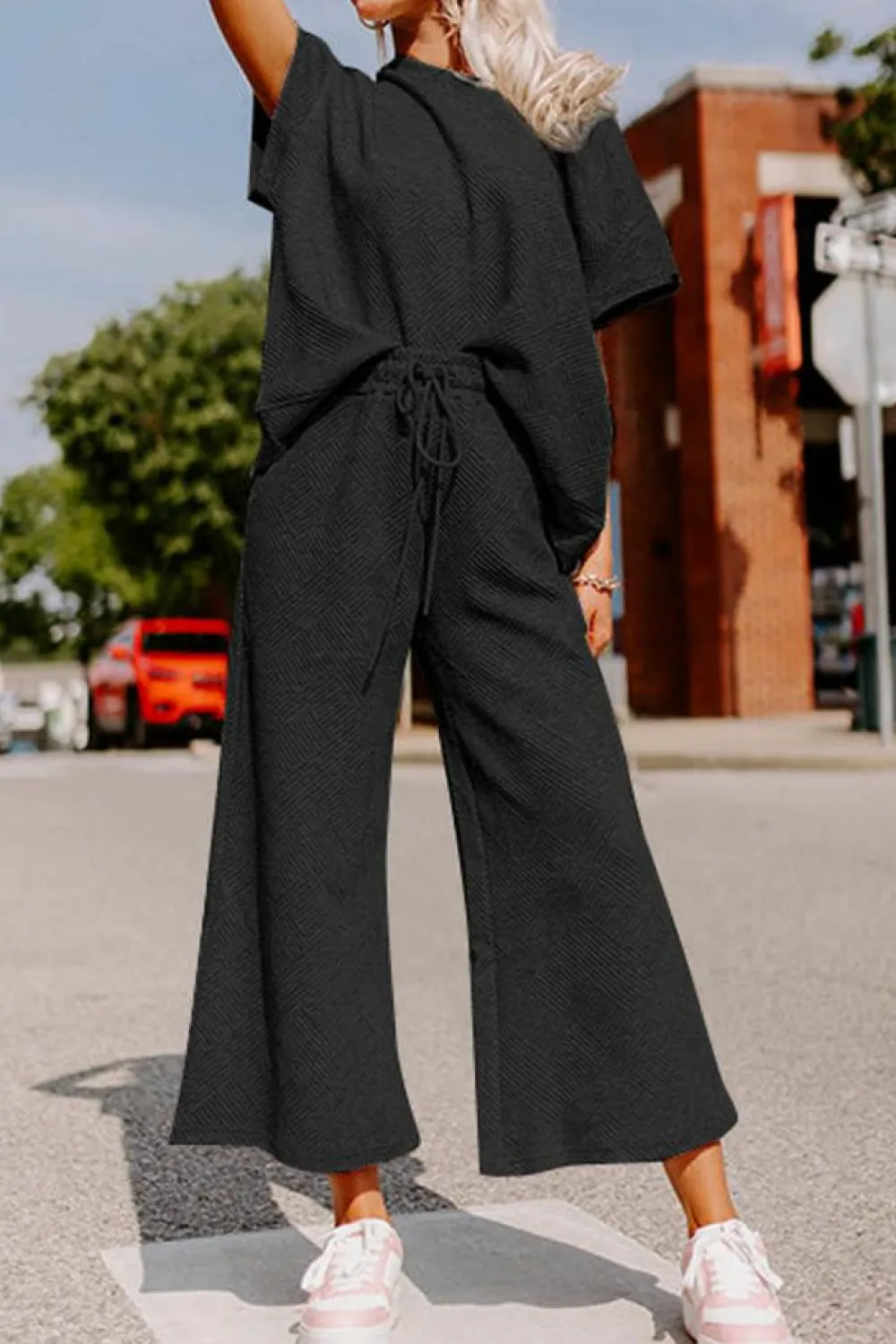 Clearance Dear-Lover Textured Loose Fit T Shirt and Drawstring Pants Set Black