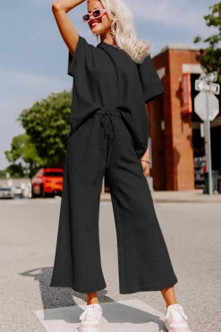 Clearance Dear-Lover Textured Loose Fit T Shirt and Drawstring Pants Set Black