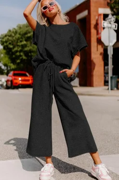 Clearance Dear-Lover Textured Loose Fit T Shirt and Drawstring Pants Set Black
