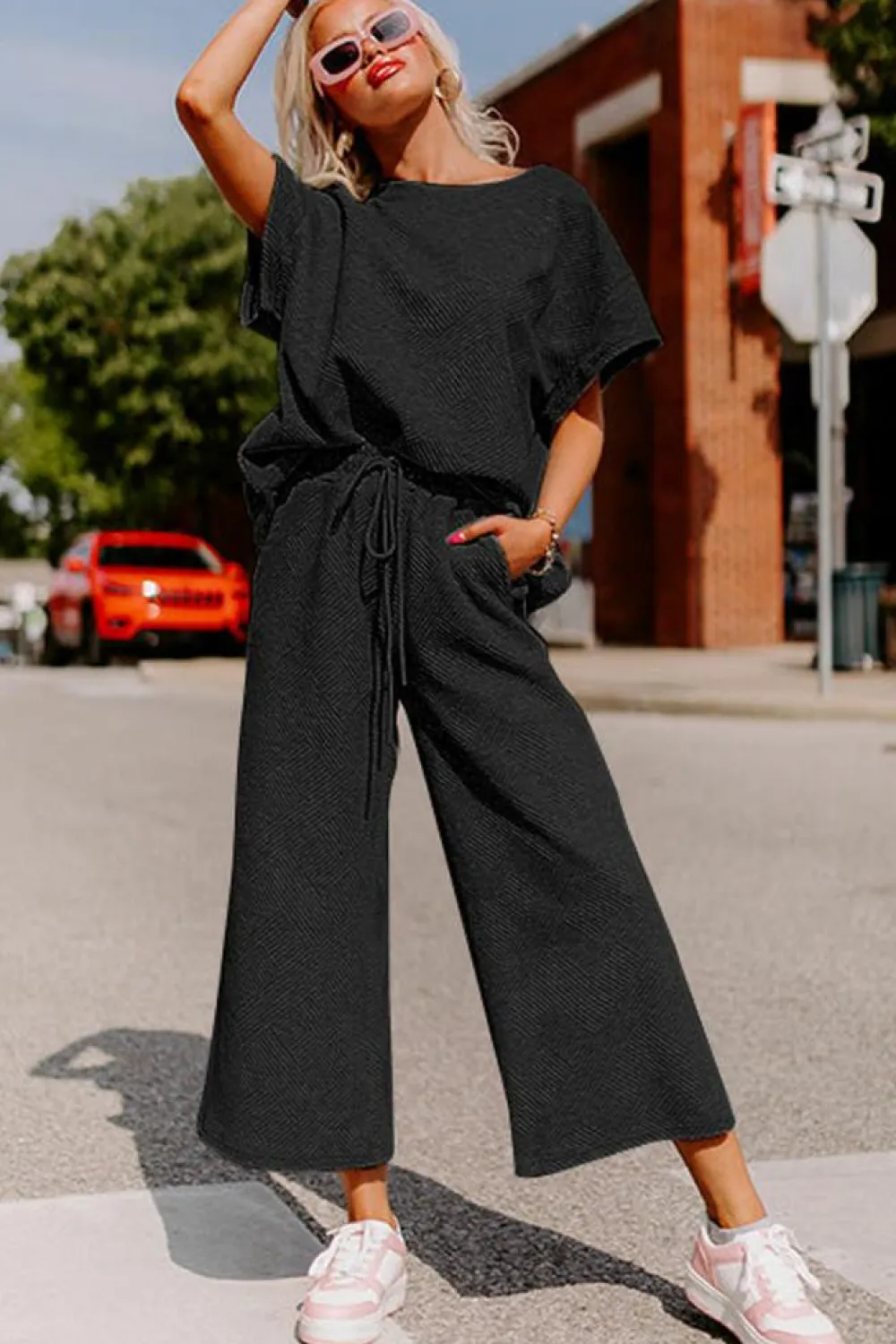 Clearance Dear-Lover Textured Loose Fit T Shirt and Drawstring Pants Set Black