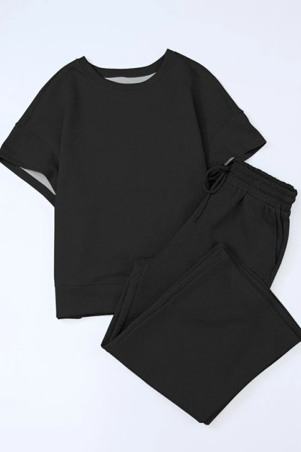 Clearance Dear-Lover Textured Loose Fit T Shirt and Drawstring Pants Set Black