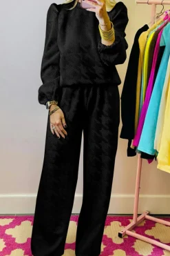 Clearance Dear-Lover Textured Puff Sleeve Top and Pants Set Black