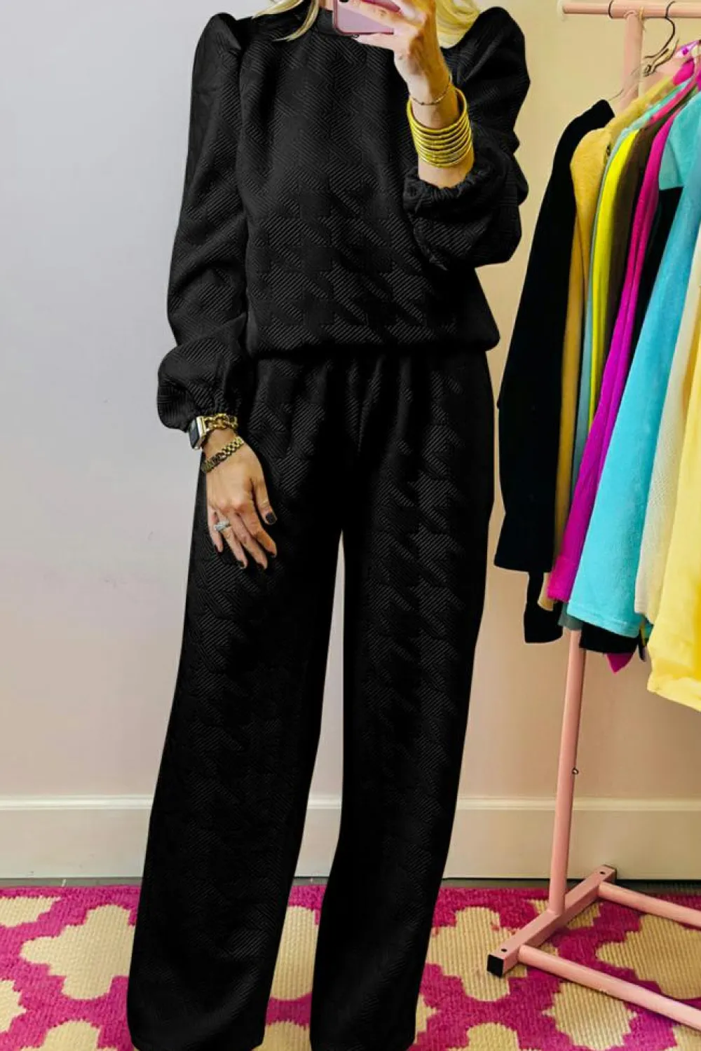 Clearance Dear-Lover Textured Puff Sleeve Top and Pants Set Black