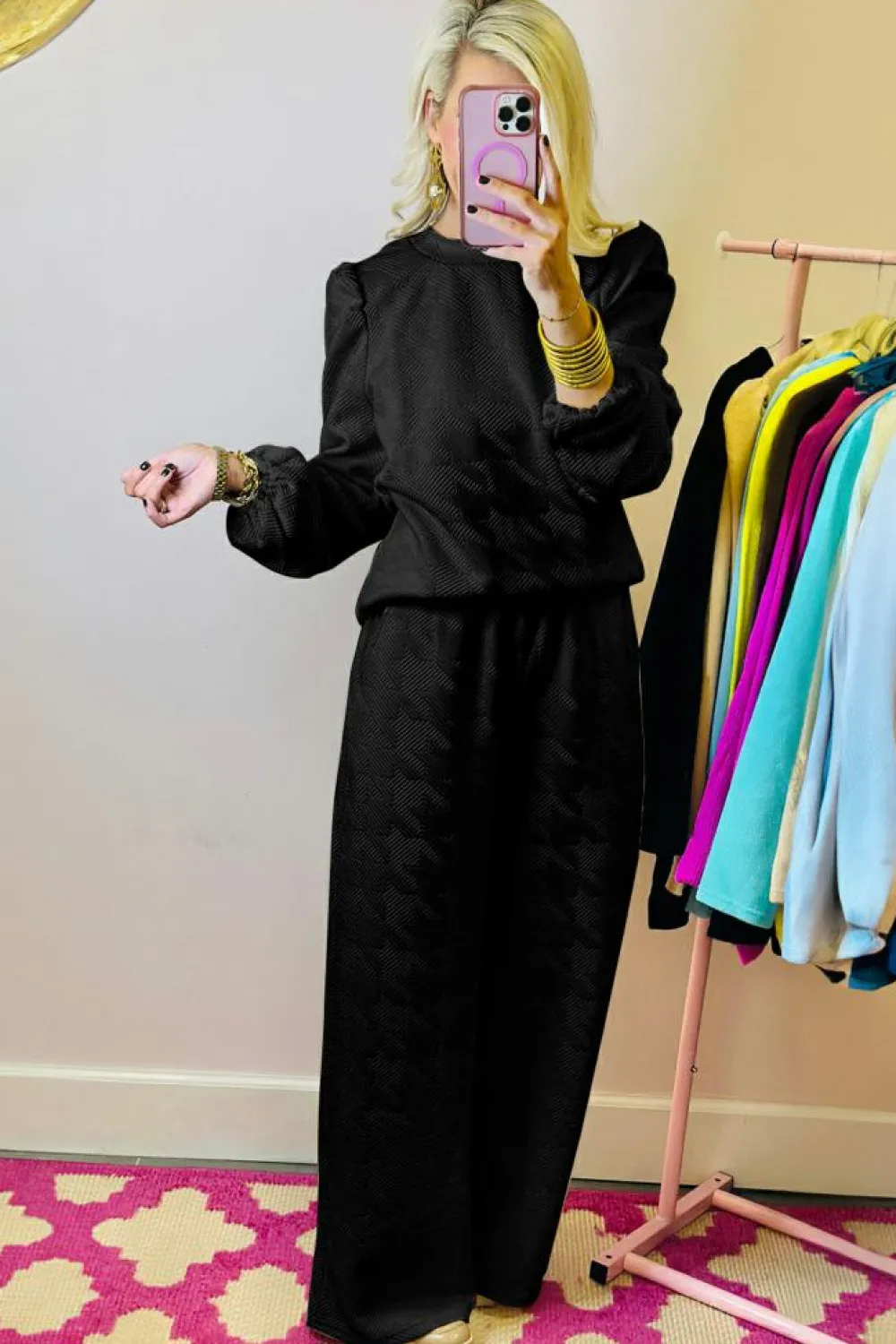 Clearance Dear-Lover Textured Puff Sleeve Top and Pants Set Black