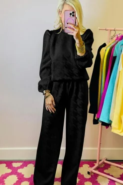Clearance Dear-Lover Textured Puff Sleeve Top and Pants Set Black