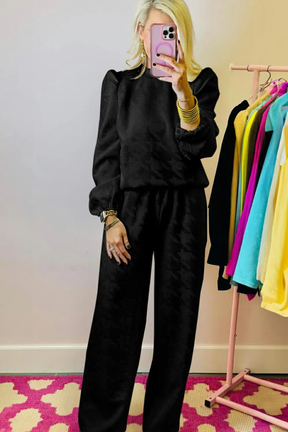 Clearance Dear-Lover Textured Puff Sleeve Top and Pants Set Black