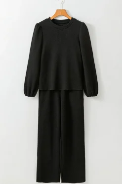 Clearance Dear-Lover Textured Puff Sleeve Top and Pants Set Black