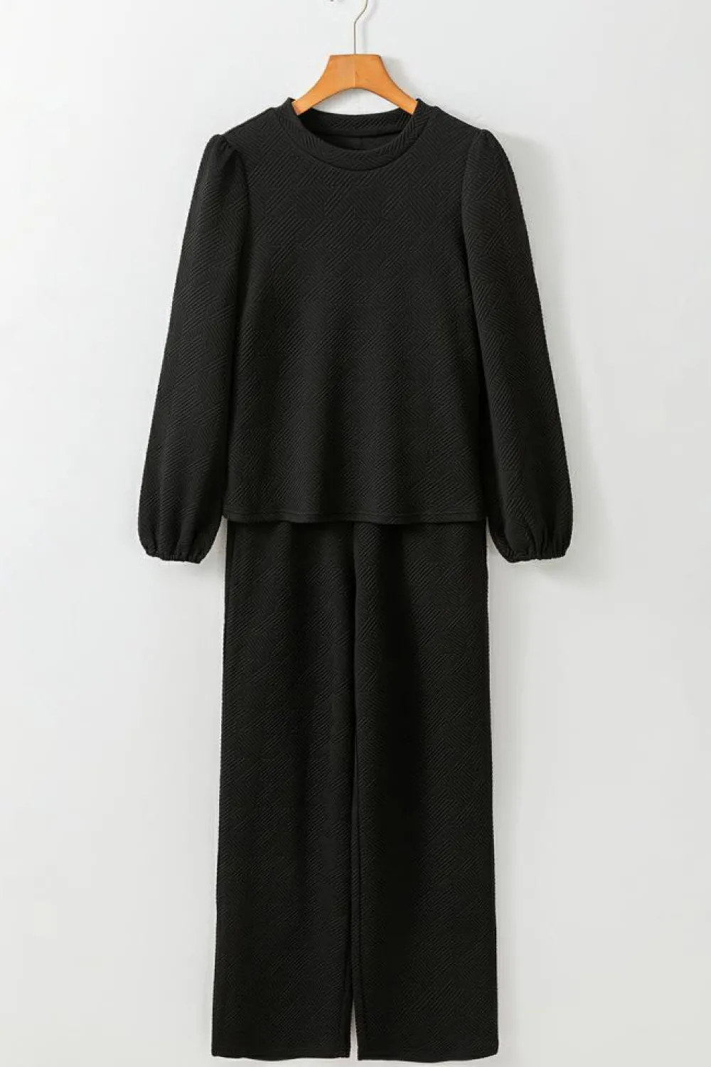 Clearance Dear-Lover Textured Puff Sleeve Top and Pants Set Black