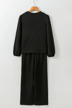 Clearance Dear-Lover Textured Puff Sleeve Top and Pants Set Black