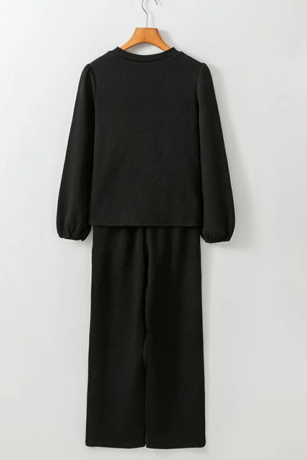 Clearance Dear-Lover Textured Puff Sleeve Top and Pants Set Black