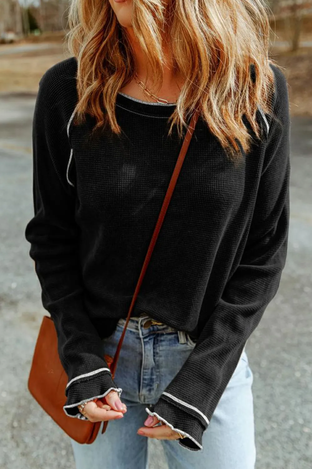 Online Dear-Lover Textured Round Neck Long Sleeve Top Black