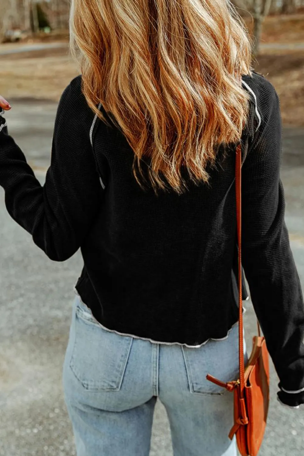 Online Dear-Lover Textured Round Neck Long Sleeve Top Black