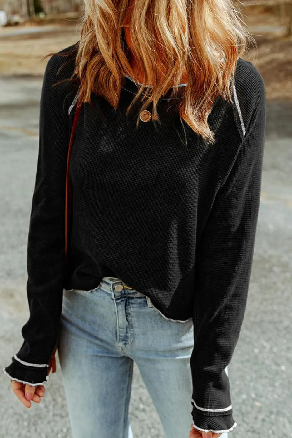 Online Dear-Lover Textured Round Neck Long Sleeve Top Black