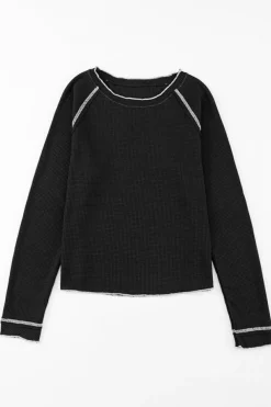 Online Dear-Lover Textured Round Neck Long Sleeve Top Black