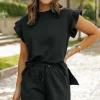 Outlet Dear-Lover Textured Ruffle Split Top and Drawstring Shorts Black