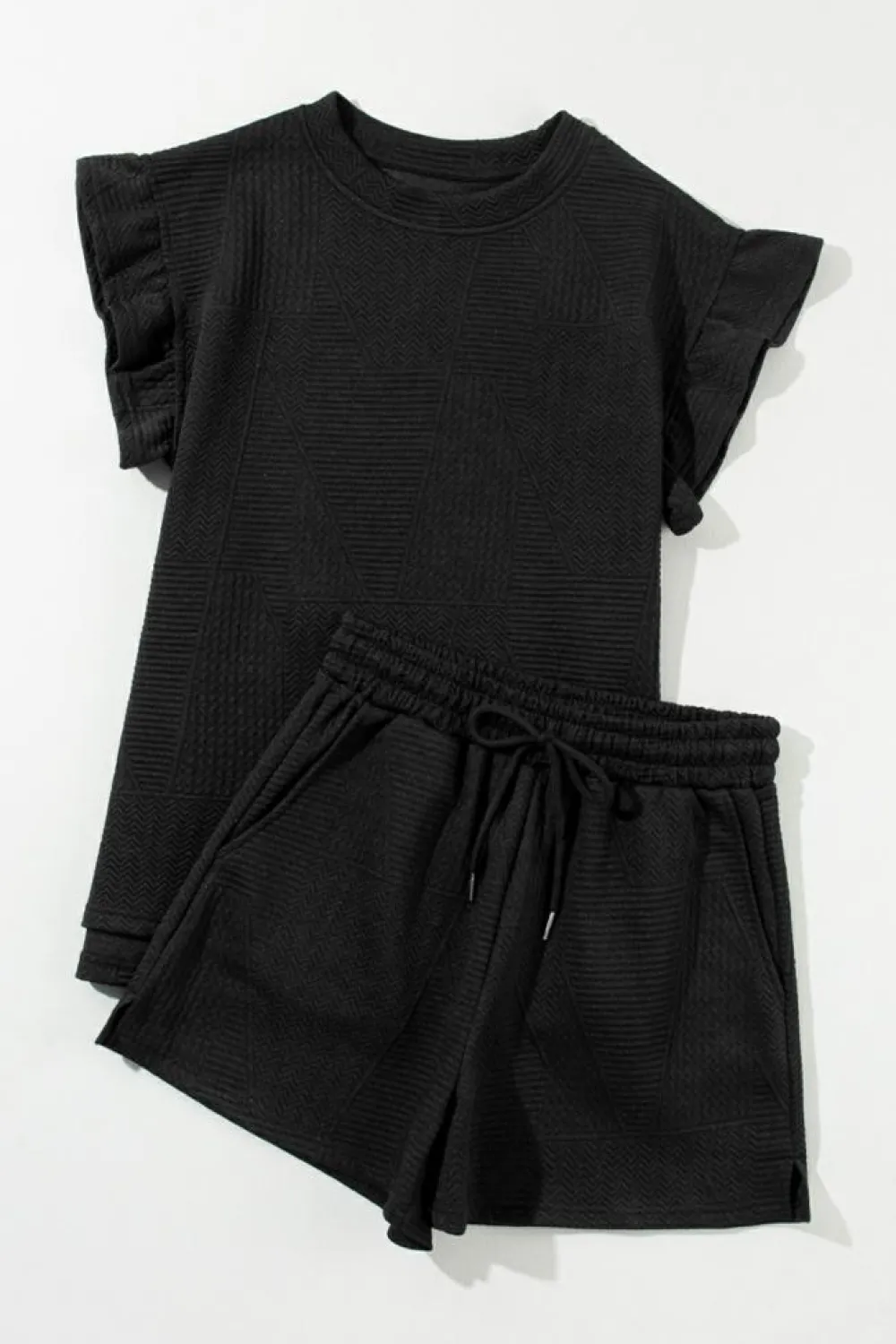 Outlet Dear-Lover Textured Ruffle Split Top and Drawstring Shorts Black