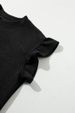 Outlet Dear-Lover Textured Ruffle Split Top and Drawstring Shorts Black