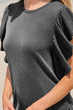 Outlet Dear-Lover Textured Ruffled Flutter Sleeve Mini Dress Black