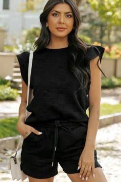 Discount Dear-Lover Textured Ruffled Sleeve Tee and Drawstring Shorts Set Black