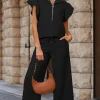Online Dear-Lover Textured Ruffled Sleeve Zipped Top and Wide Leg Pants Set Black