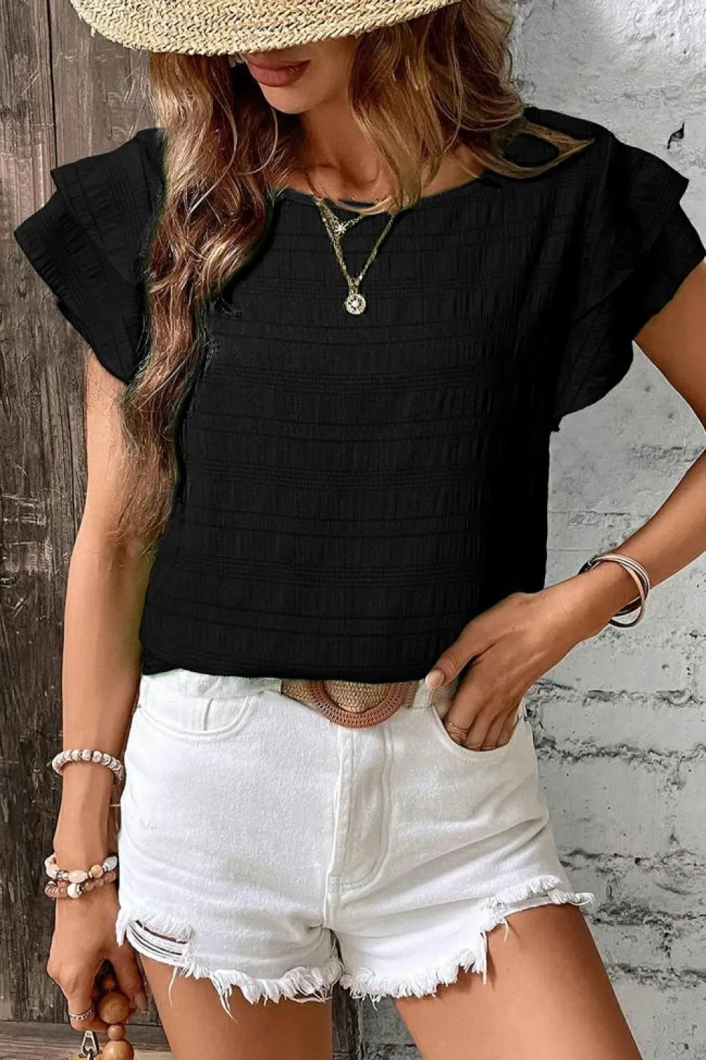 Fashion Dear-Lover Textured Ruffled Sleeve Round Neck Top Black