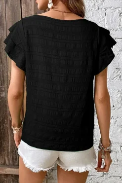 Fashion Dear-Lover Textured Ruffled Sleeve Round Neck Top Black