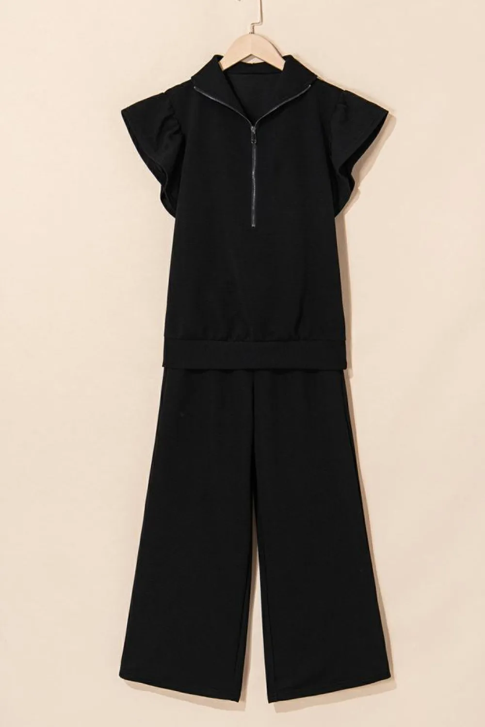 Online Dear-Lover Textured Ruffled Sleeve Zipped Top and Wide Leg Pants Set Black