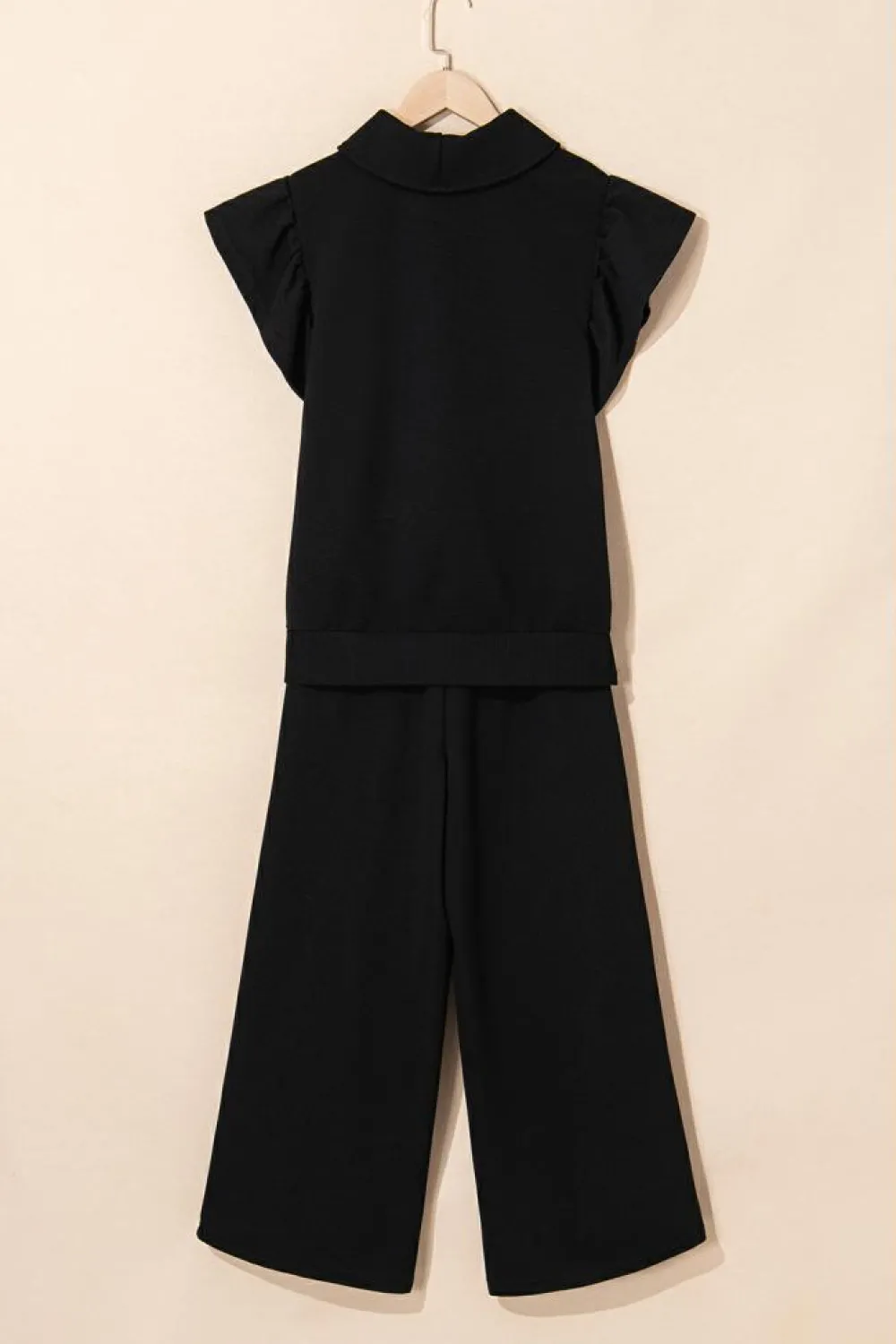 Online Dear-Lover Textured Ruffled Sleeve Zipped Top and Wide Leg Pants Set Black