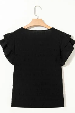 Fashion Dear-Lover Textured Ruffled Sleeve Round Neck Top Black