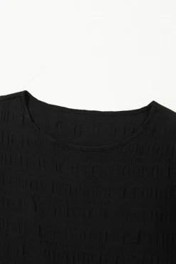 Fashion Dear-Lover Textured Ruffled Sleeve Round Neck Top Black