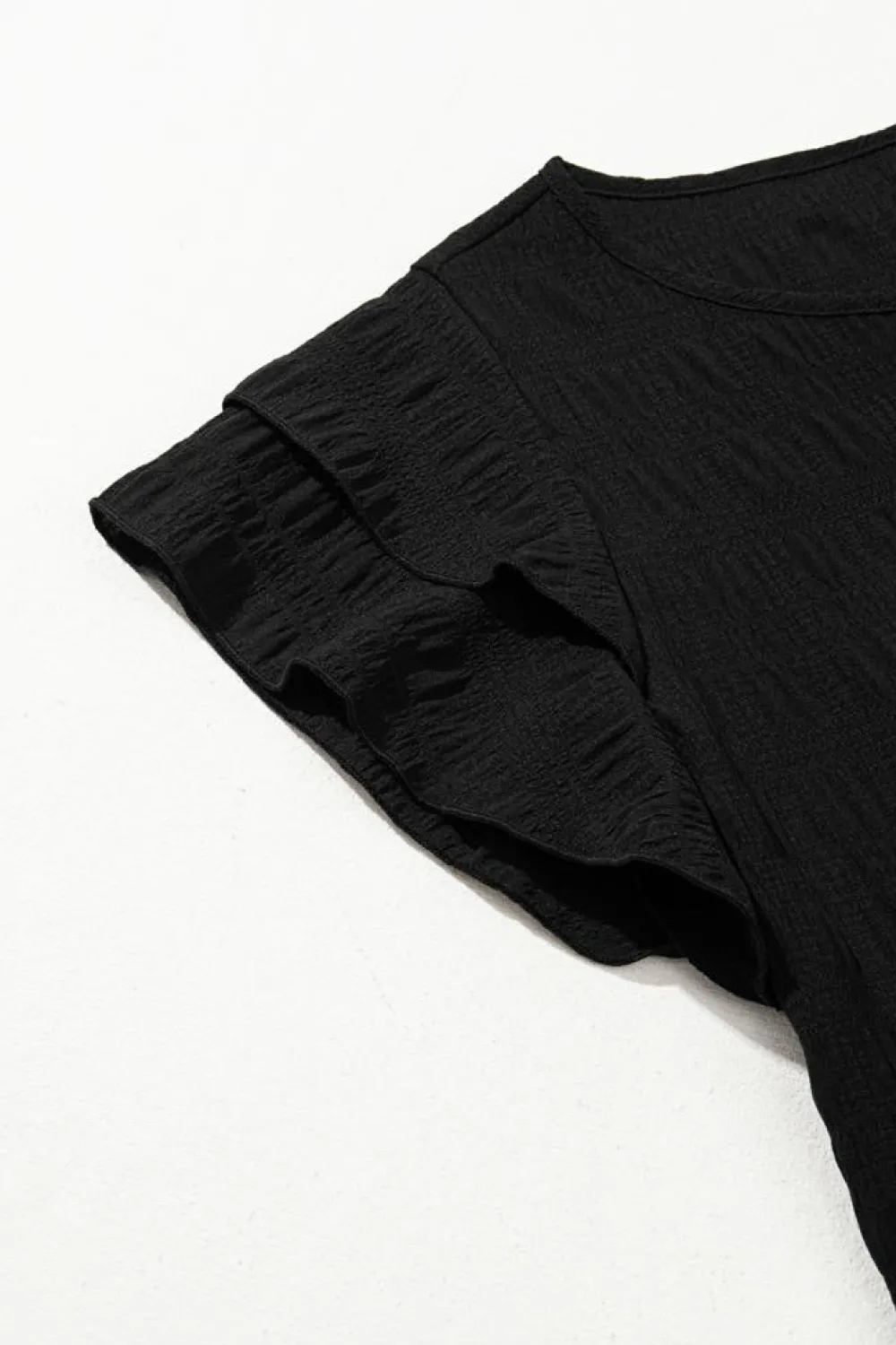 Fashion Dear-Lover Textured Ruffled Sleeve Round Neck Top Black