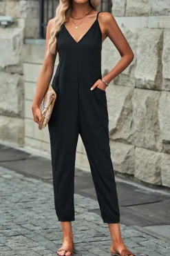 Outlet Dear-Lover Textured Sleeveless V-Neck Pocketed Casual Jumpsuit Black