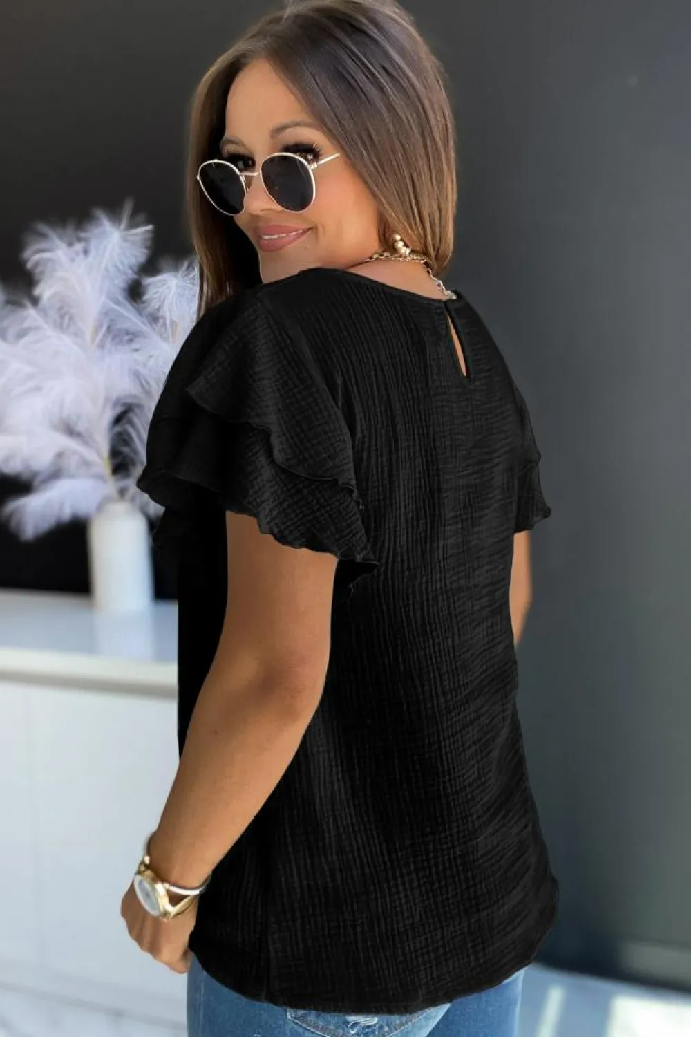 New Dear-Lover Textured Tiered Ruffled Short Sleeve Blouse Black