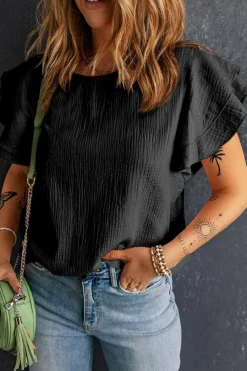 New Dear-Lover Textured Tiered Ruffled Short Sleeve Blouse Black