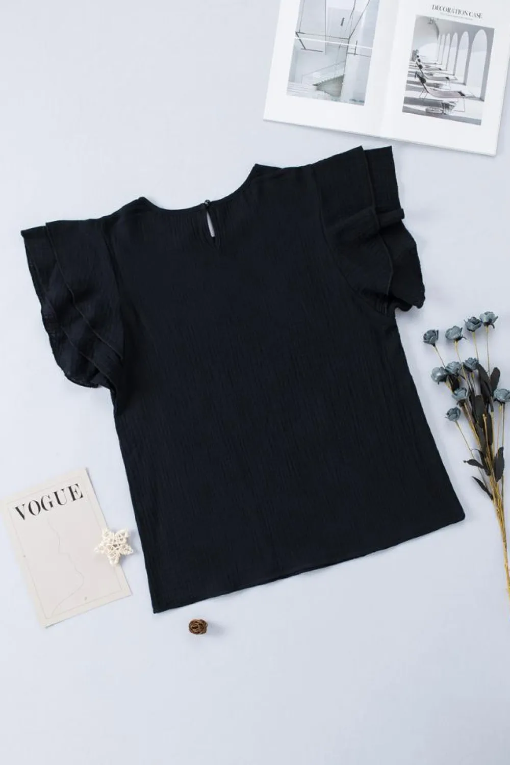 New Dear-Lover Textured Tiered Ruffled Short Sleeve Blouse Black
