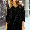 Clearance Dear-Lover Textured V Neck Balloon Sleeve Velvet Mini Dress Black