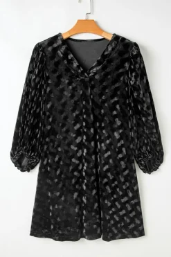 Clearance Dear-Lover Textured V Neck Balloon Sleeve Velvet Mini Dress Black