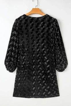 Clearance Dear-Lover Textured V Neck Balloon Sleeve Velvet Mini Dress Black