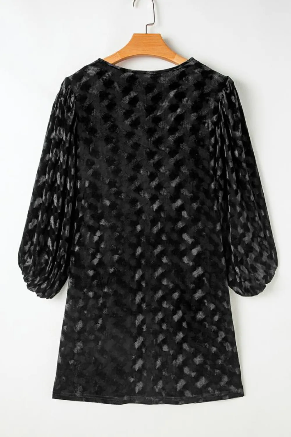 Clearance Dear-Lover Textured V Neck Balloon Sleeve Velvet Mini Dress Black