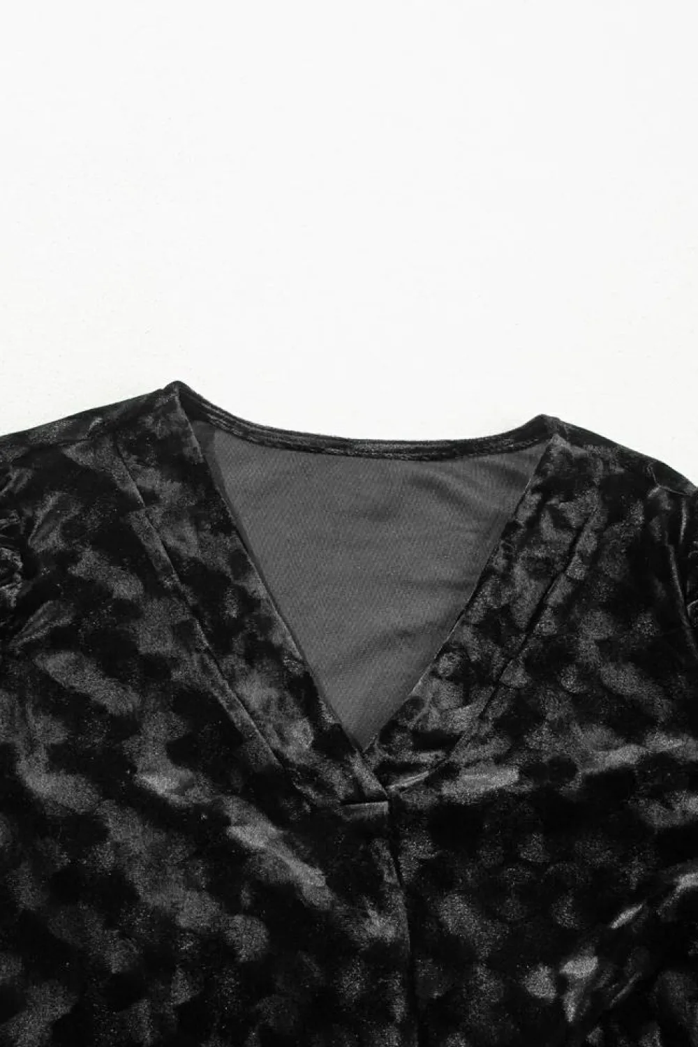 Clearance Dear-Lover Textured V Neck Balloon Sleeve Velvet Mini Dress Black