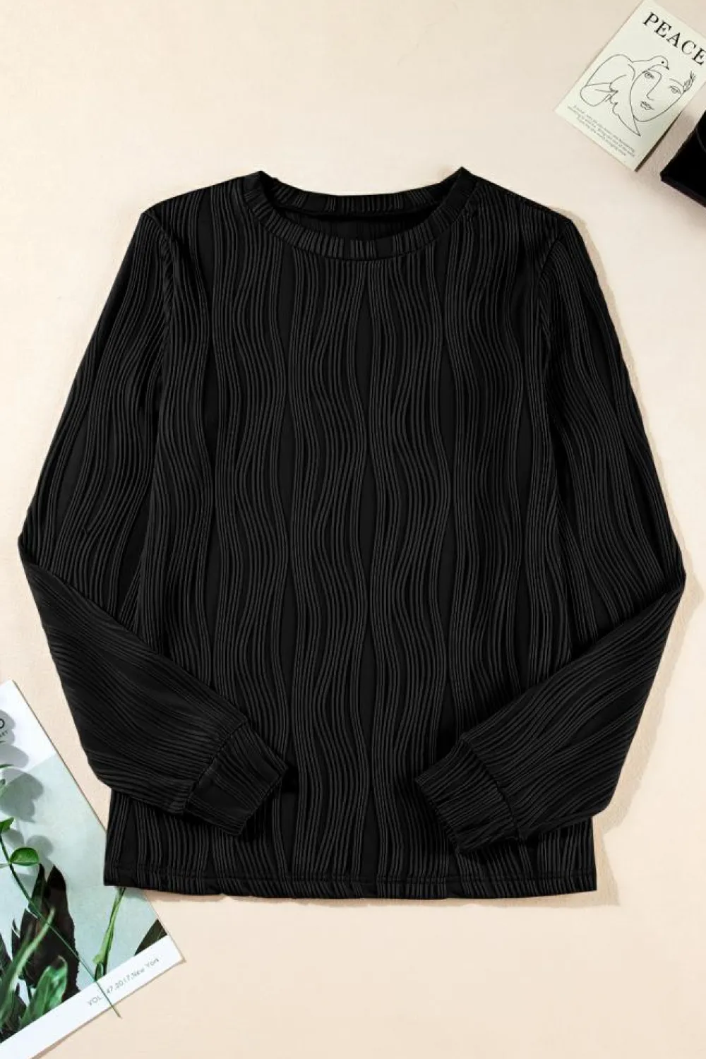 Hot Dear-Lover Textured Wavy Round Neck Long Sleeve Top Black