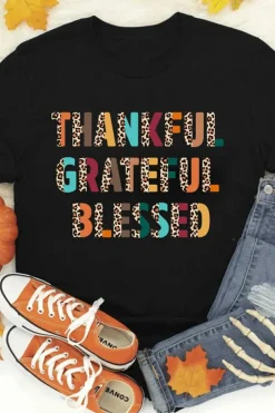 Fashion Dear-Lover Thankful Grateful Blessed Leopard Print Crewneck T Shirt Black
